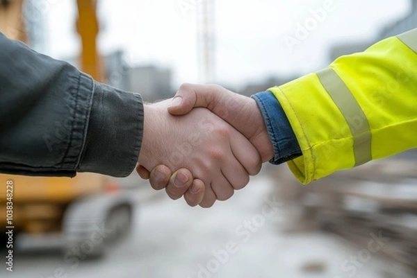 Fototapeta A handshake between two men on a construction site, symbolizing partnership and trust.