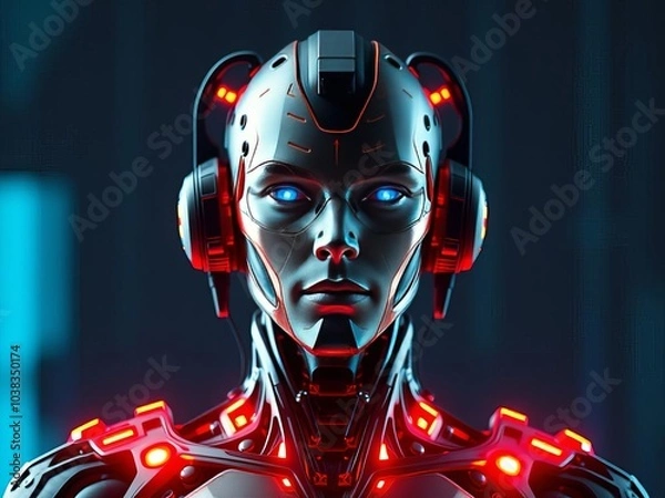 Fototapeta A robot with red and blue eyes and a red head