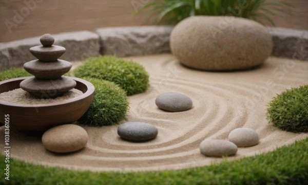 Fototapeta A Zen garden with leveled sand, smooth stones and green plants that promotes calm and mindfulness
