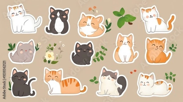 Fototapeta Adorable cartoon cats with different colors, sitting, lying and playing with leaves and flowers.