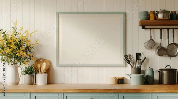 Fototapeta A cozy kitchen scene featuring a blank frame, wooden countertop, utensils, and a bouquet of flowers, creating a warm and inviting ambiance.
