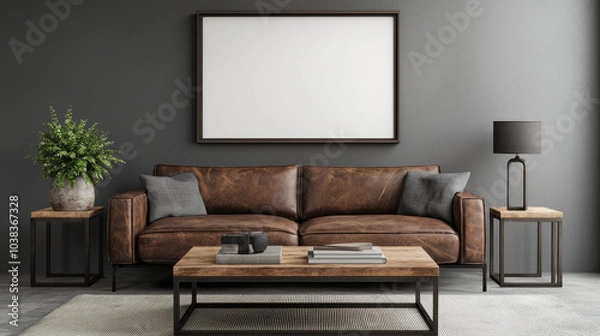 Fototapeta A modern living room featuring a brown leather sofa, wooden coffee table, decorative lamp, and potted plant, set against a dark wall with an empty frame.