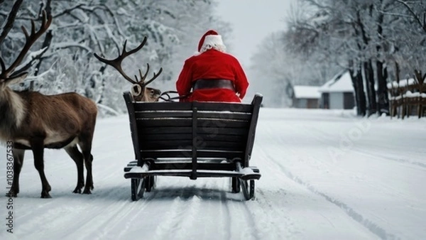 Fototapeta Reindeer dash through the clouds, leading Santa on high
