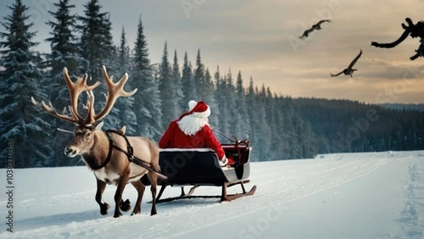 Fototapeta Reindeer leap through the frosty night