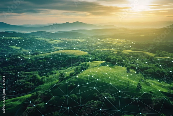 Fototapeta landscape showing network expansion, endless green hills at sunrise, grid and points overlaying scene, digital mesh pattern, technology, connected future, photorealistic, OeE