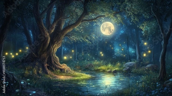 Fototapeta Enchanting Moonlight Forest Scene with Glowing Fireflies and Tranquil Stream.