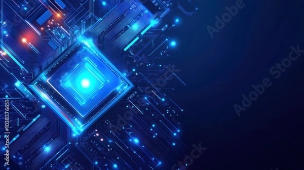 Fototapeta Brightly glowing AI chip on light circuit board on technology blue background. CPU processor or semiconductor on tech bg. Computer microchip on motherboard. Abstract digital vector illustration. 