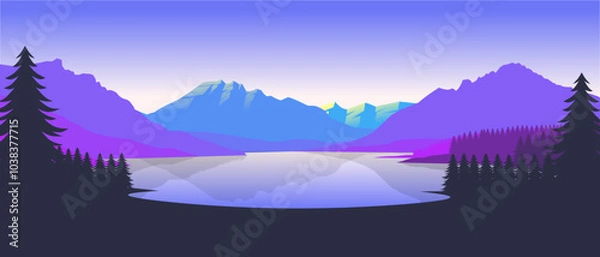 Fototapeta Colorful mountain landscape wallpaper in a minimalist flat design style. Minimalist beauty background for desktop and wallpaper
