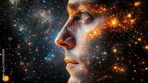 Fototapeta Portrait of a man on background of stars and universe, space theme in the retro futurism style of the 60s. Generative AI.
