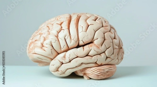 Fototapeta Close-up of human brain model with visible tumor, neutral background, soft lighting, medical focus, detailed representation, educational tool for medical professionals and students.