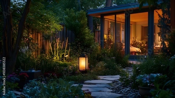 Fototapeta A peaceful garden retreat with native plants, automated lighting, and solar-powered systems