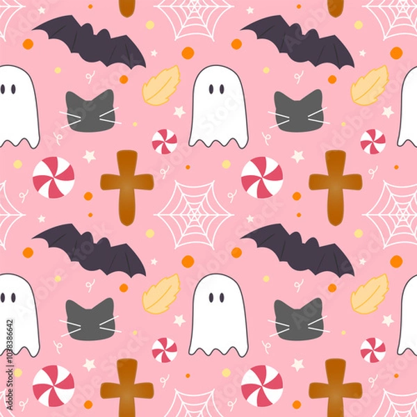 Fototapeta Cute Halloween day seamless pattern with ghosts, cross, candies, spider webs, black cats and bats on pink background