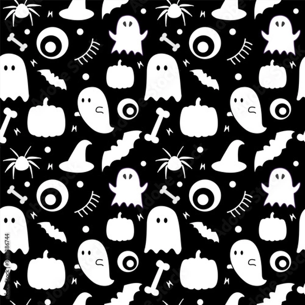 Fototapeta Halloween ghosts seamless pattern in black and white color tone with eye balls, bats, pumpkins, spiders, bones and witch hats in solid white