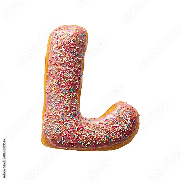 Fototapeta Letter L Doughnut with Pink Icing and Sprinkles Isolated on Transparent Background