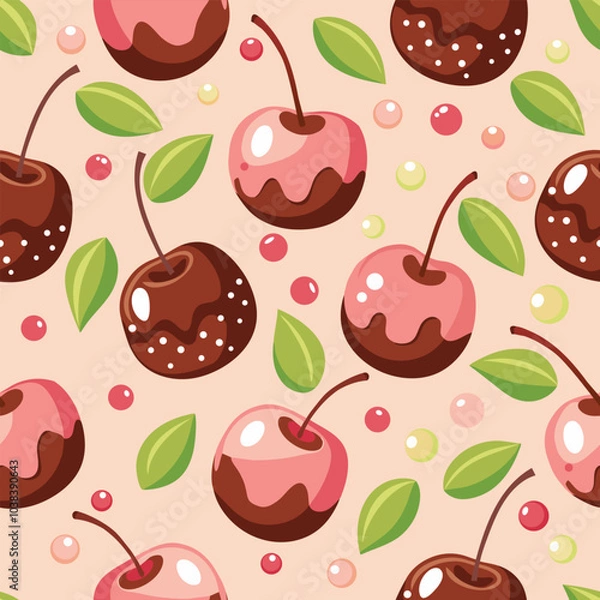 Obraz Sweet, dark chocolate-covered cherries with pastel-colored cherry leaves and balls.seamless pattern vector.