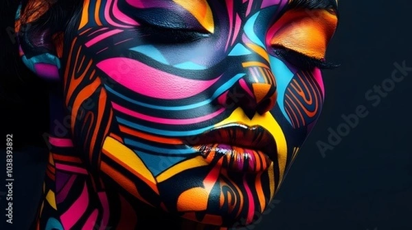Fototapeta A vibrant AI-generated portrait of a person with geometric face paint and bright colors, blending into abstract shapes.