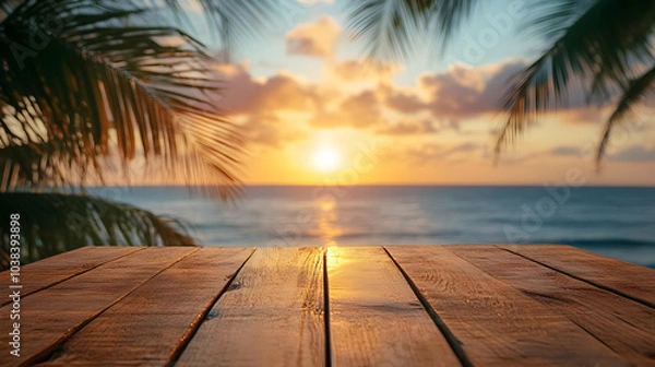 Fototapeta Wooden Table Top With Sunset Ocean Background.