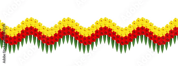 Fototapeta Colorful floral arrangement in a wavy pattern featuring red, yellow, and green elements for festive decoration and Kannada Rajyotsava