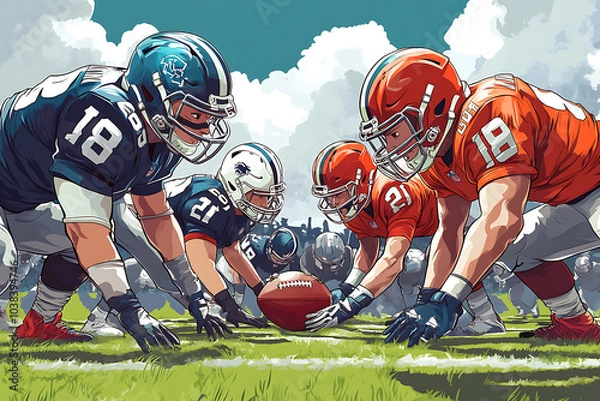 Fototapeta Two football teams prepare to compete on a grassy field, emphasizing teamwork and competition.