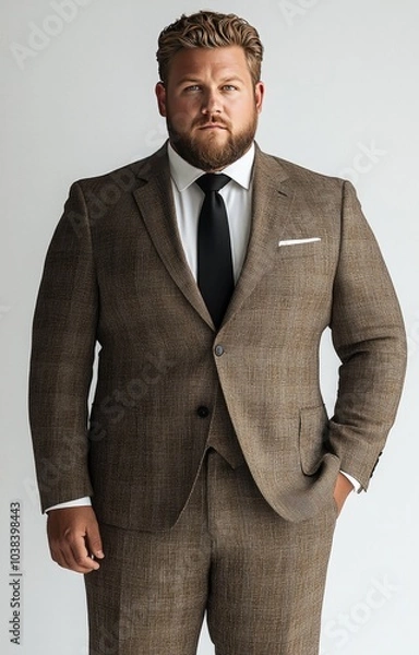 Fototapeta Plus-size male model with tailored beige linen suit