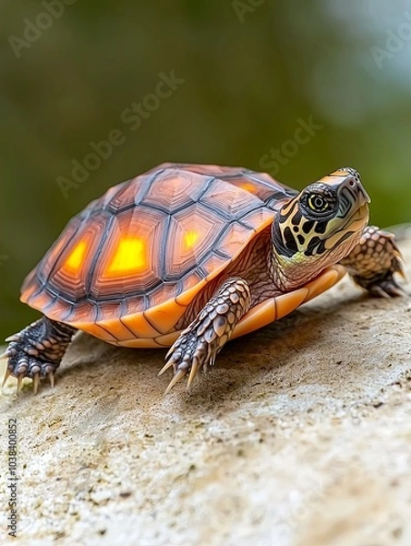 Fototapeta Basking Turtle Enjoys Heat Lamp in Its Tank