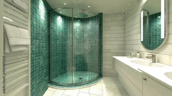 Fototapeta Modern 3D Rendering of Stylish Shower in Contemporary Bathroom