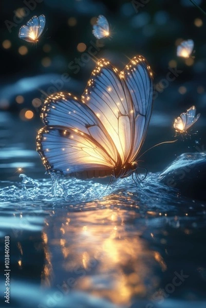 Fototapeta Surreal Seascape: Sparkling Waves and Dancing Butterflies in Light Blue Fantasy