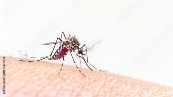 Fototapeta Mosquito-borne virus EEE. A close-up of a mosquito feeding on human skin, with its proboscis deeply embedded in the flesh.