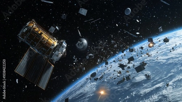 Fototapeta Space Debris Collection Mission : A futuristic mission to collect and remove space debris from Earth orbit using robotic spacecraft