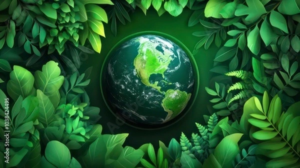 Fototapeta A green globe surrounded by lush leaves, symbolizing the importance of protecting nature.