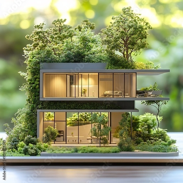 Fototapeta Innovative model of a sustainable home surrounded by vibrant greenery and a small tree highlighting energyefficient features and modern architecture that promotes ecofriendly living in urban settings