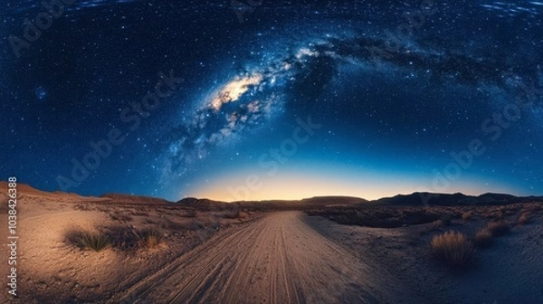 Obraz A desert landscape under a blue sky, gradually revealing stars and the Milky Way galaxy as dusk approaches.