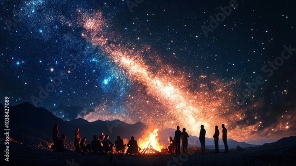 Obraz A group of people gathered around a campfire, with the night sky and the galaxy vividly visible above them.