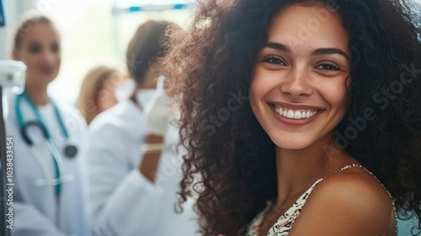 Obraz Transgender woman getting her first hormone therapy shot at a medical clinic, smiling with hope and anticipation. Medical transition and self-discovery.