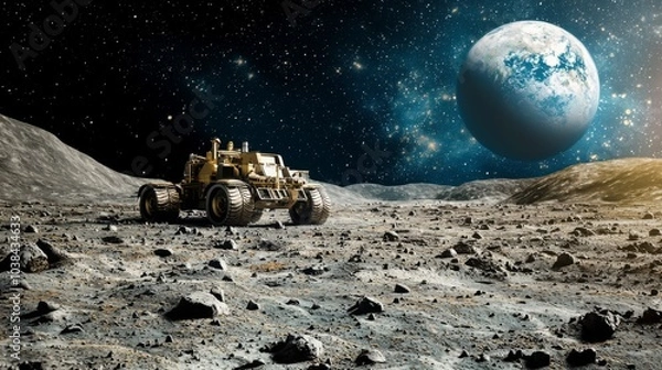 Fototapeta Rover on the Moon : A futuristic lunar rover exploring the surface of the moon, with Earth visible in the distance