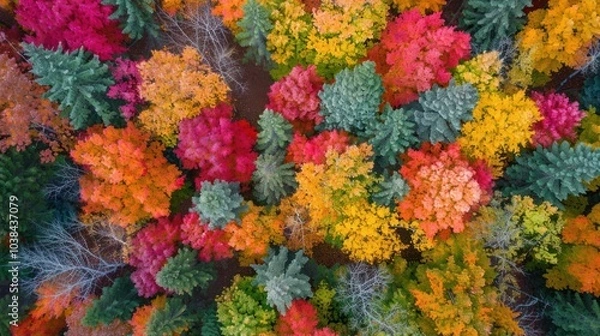 Fototapeta A drone capturing the vibrant colors of a fall forest