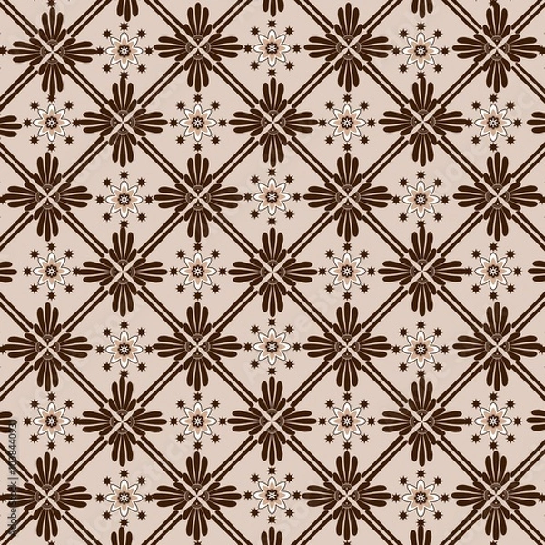 Fototapeta American ethnic fabric pattern showcases delicate floral designs in soft brown and white tones, skillfully rendered using watercolor ethnic . The blend of tribal and floral elements creates a classic 