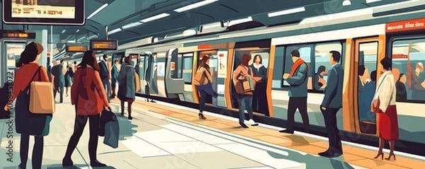 Fototapeta Busy subway station with commuters and trains