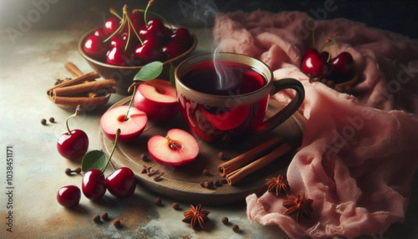 Obraz A close-up still life of a steaming cup of mulled cider and a cherry on a decorative surface, surrounded by cherry-colored fabric, slices, and cloves, in soft, natural lighting.