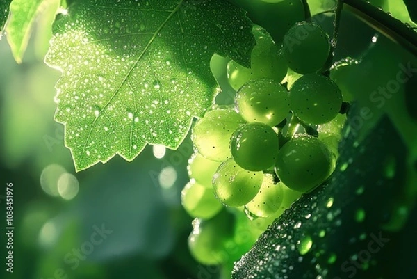 Fototapeta Dew-Covered Green Grapes and Leaf