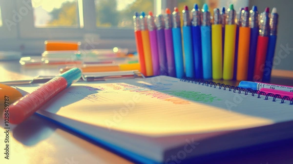 Fototapeta Colorful Markers and Notepad on a Desk