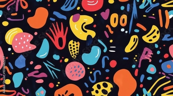 Fototapeta A colorful abstract seamless pattern with various shapes and lines on a black background.