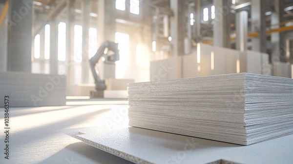 Obraz Stack of drywall sheets in industrial building with robot arm in background