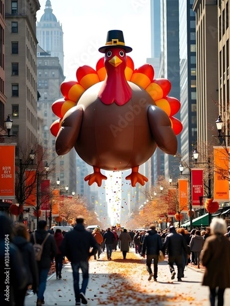 Fototapeta Giant Thanksgiving turkey balloon floats above crowds during annual parade in a bustling urban setting. Generative AI