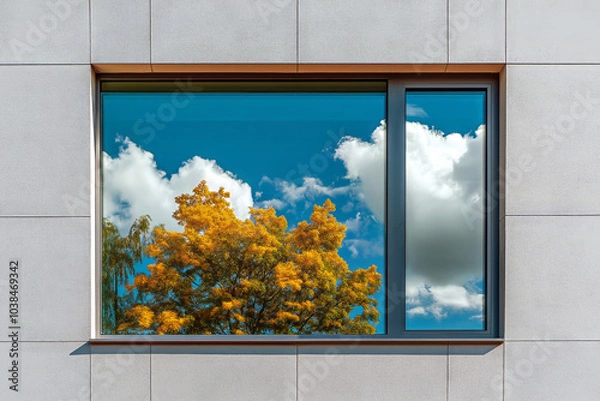 Obraz Exterior window view reflecting trees and clouds, minimalist interior design with bright accent colors inside.