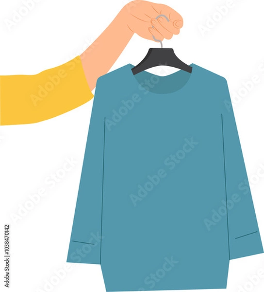 Fototapeta Hand holding blue sweater on a clothes hanger. Vector illustration with transparent background.