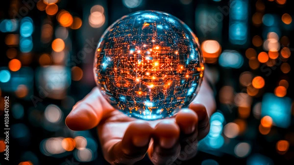 Fototapeta Close-up hand holding glowing high-tech sphere filled with intricate digital patterns. Vibrant orange and blue lights within sphere evoke sense of advanced technology and futuristic innovation.