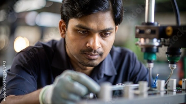 Fototapeta Assembly Line Worker - Portrait of an Indian man assembling parts on a production line.
