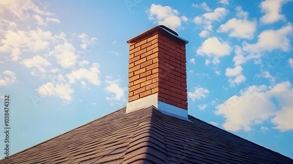 Fototapeta Brick chimney on a shingled roof beneath a blue cloudy sky, residential architecture with roofing details, exterior home view in warm sunlight, textured surfaces in a suburban setting.