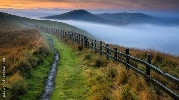 Obraz Scenic Pathway Through Misty Hills at Sunrise